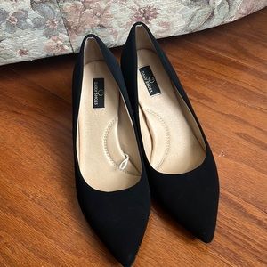 Black Suede 2” Heels, Pointed Toe, Faux Leather interior with soft inner heel